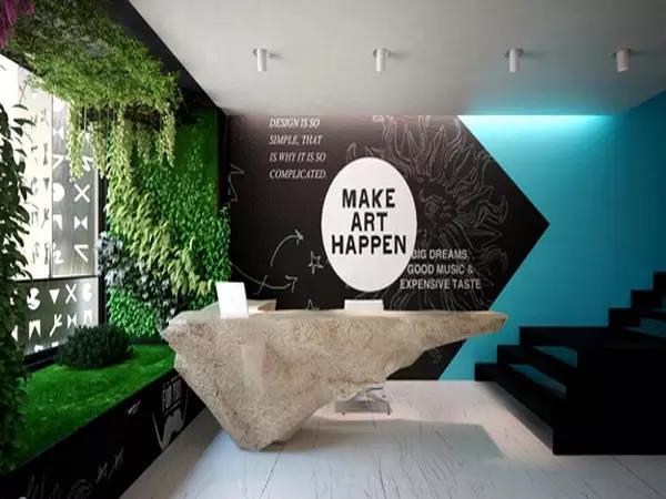 有氣派的公司前廳,墻面的色彩工藝前臺(tái)背景墻都是這么設(shè)計(jì)的